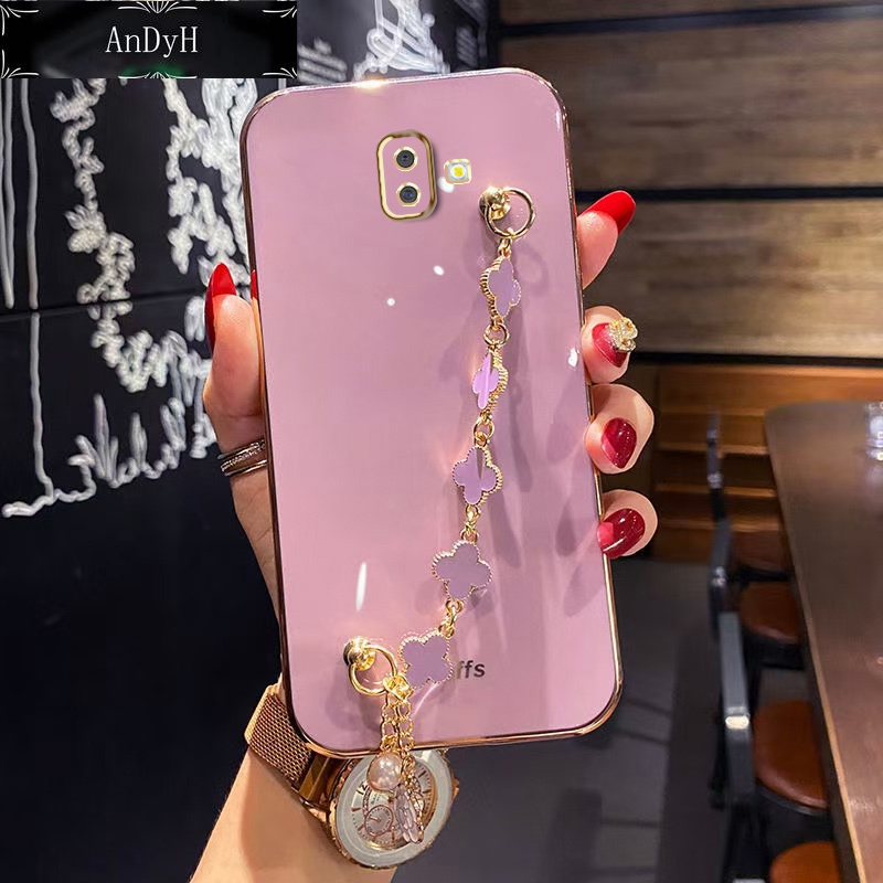 AnDyH Straight Edge Plating Phone case For Samsung Galaxy J6 Plus casing,Precise Camera Protection cases Cute girl style cover with Four leaf clover bracelet