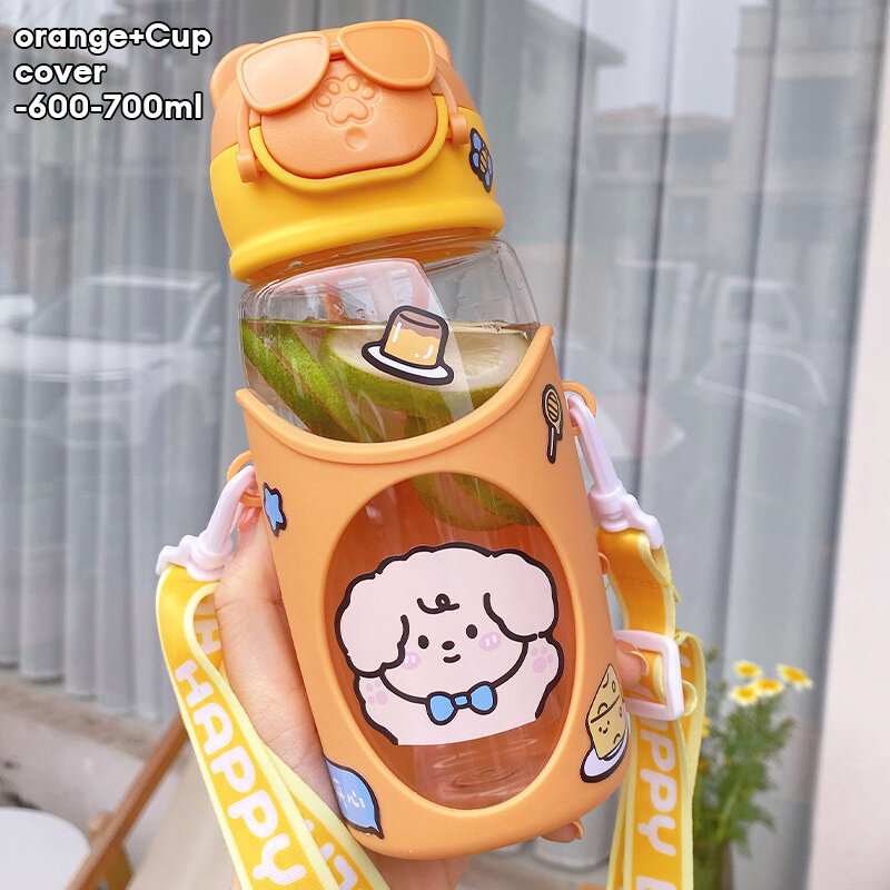 Children's fall-proof straw cute cartoon plastic cups wholesale girl portable cups to send cup sets straps.
