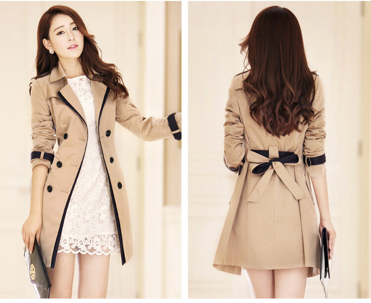 Women Thin Trench Coat Turn-down Collar Double Breasted Patchwork spell color Trench Slim Plus Size Wind coat