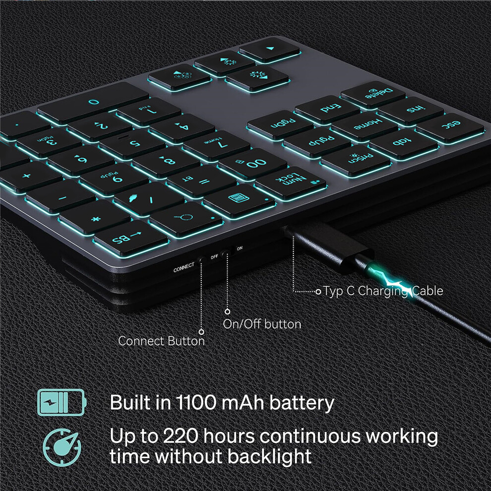 Jomaa đèn nền RGB bluetooth Bàn phím số Backlit Bàn phím số bluetooth không dây cho máy tính bảng máy tính xách tay Macbook iPad PC 34 phím có thể sạc lại số kỹ thuật số bàn phím cho kế toán IOS