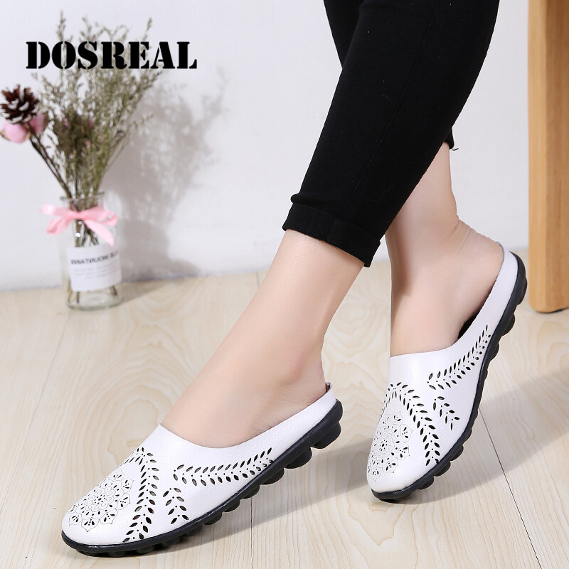 DOSREAL Plus Size 35-44 Women Summer Shoes Genuine Leather Slip ON Female Loafers Flats Hollow Women's Half Slippers