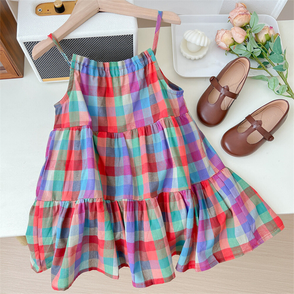 Bear Leader Baby Girls Suspender Dresses Kids Fashion Summer Plaid Colorful Vestidos Kids Girl Sleeveless Costume Party Casual Suits 3-7 Years