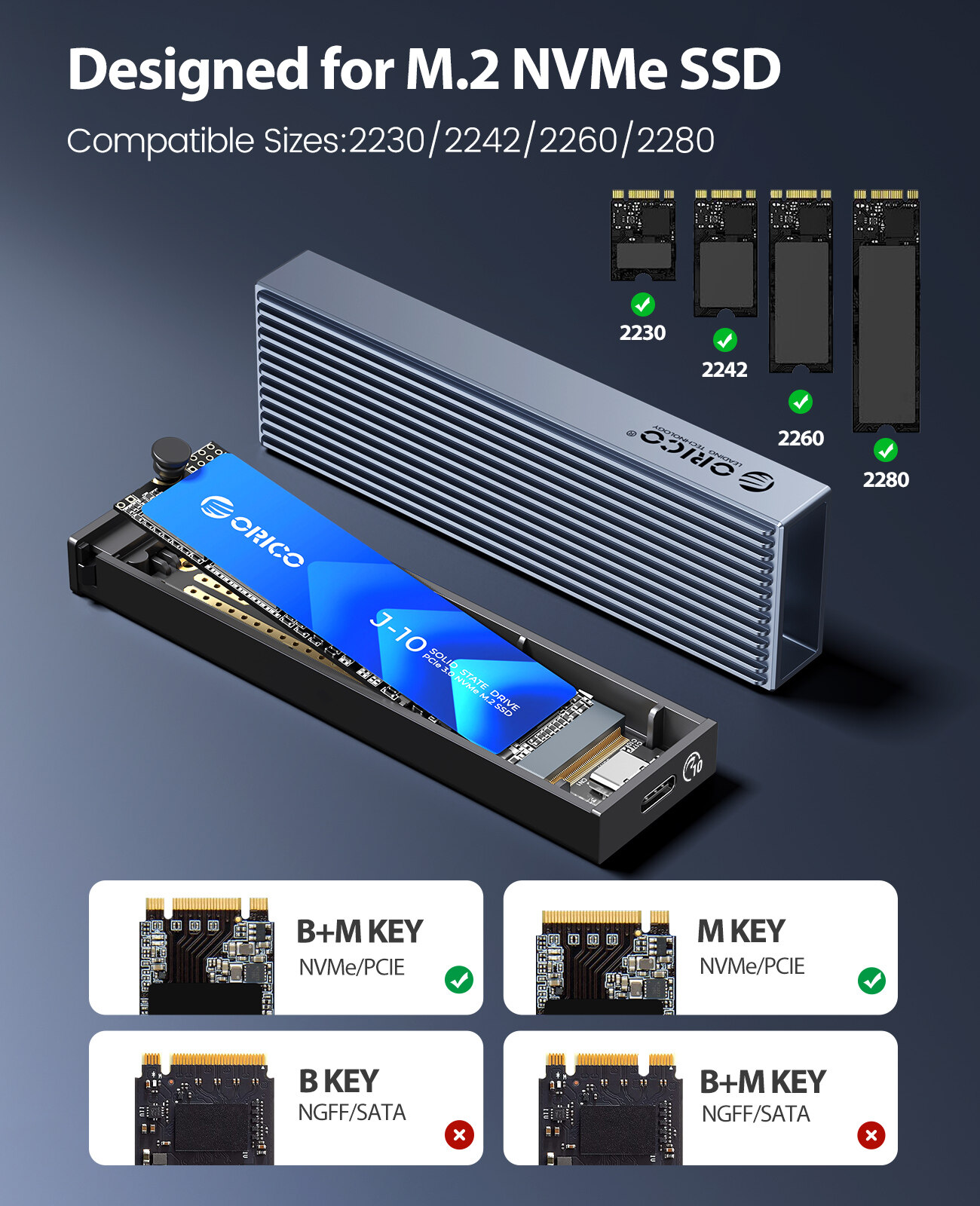 ORICO M2 NVMe SSD Case Metal 10Gbps USB3.1 GEN2 Type C M.2 SSD Enclosure M Key Solid State Drive Case Support UASP