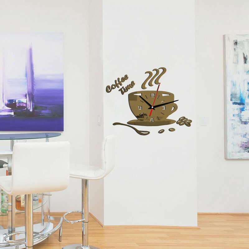 Creative 3D DIY Coffee Time Clock Acrylic Wall Clock Modern for Kitchen Home Decor Cup Shape Wall Sticker Hollow Numeral Clock
