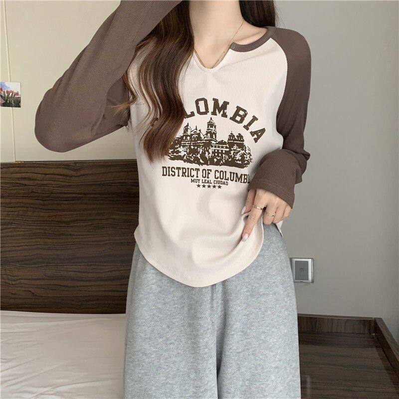 Tshirt Women Cotton Korean Splicing V-neck Long-sleeved Tshirt for Women Autumn New Thin Tops Trendy