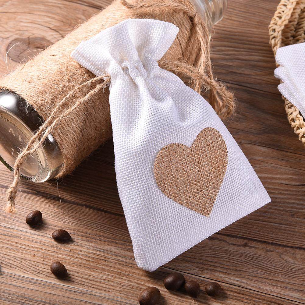 12pcs Trendy Linen Pouches Heart Drawstring Wedding Favors Gift Bags Jewelry
