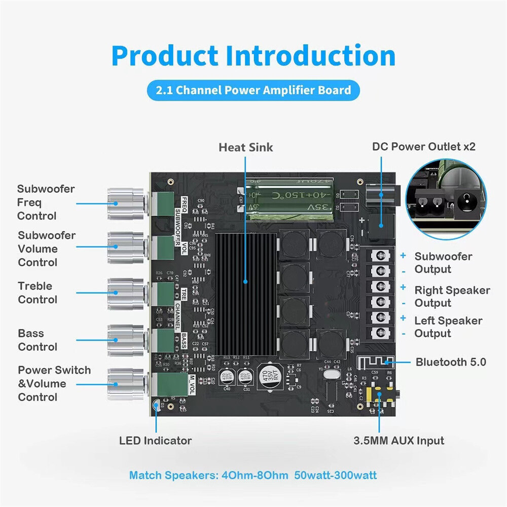 ORIA Zk-tb21 Bộ Khuếch Đại Kênh 2.1 Mô-đun Khuếch Đại Công Suất Kỹ Thuật Số Bluetooth 5.0 Bảng Mạch Khuếch Đại Loa Âm Thanh Bluetooth Mini