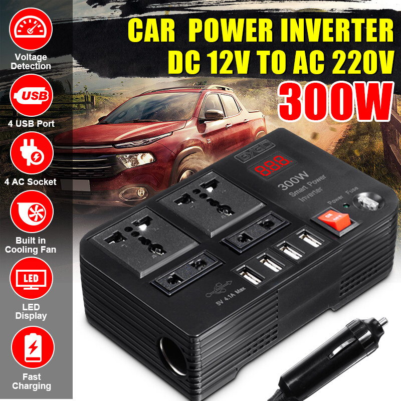 300W 4 USB Universal Car Power INVERTER DC12V เป็น 220V จอแสดงผล LED พอร์ตดัดแปลง sine WAVE