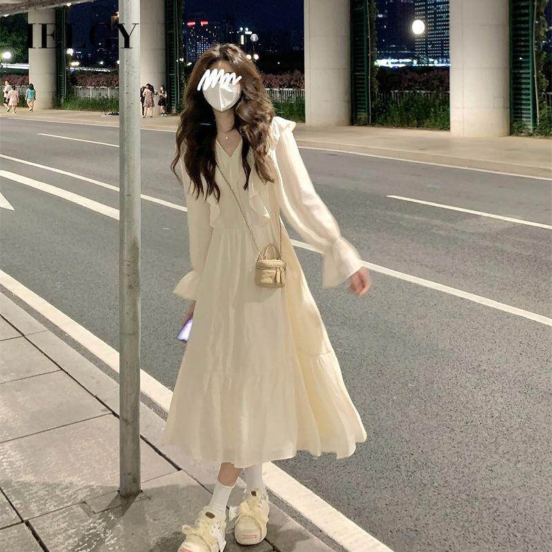 IELGY French high-end women's ruffled long-sleeved high-waisted dress