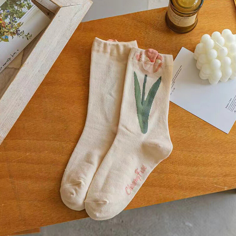Long Socks Forest Tulip All-match Ladies Piles of Socks Flower Series Medium Stockings Women