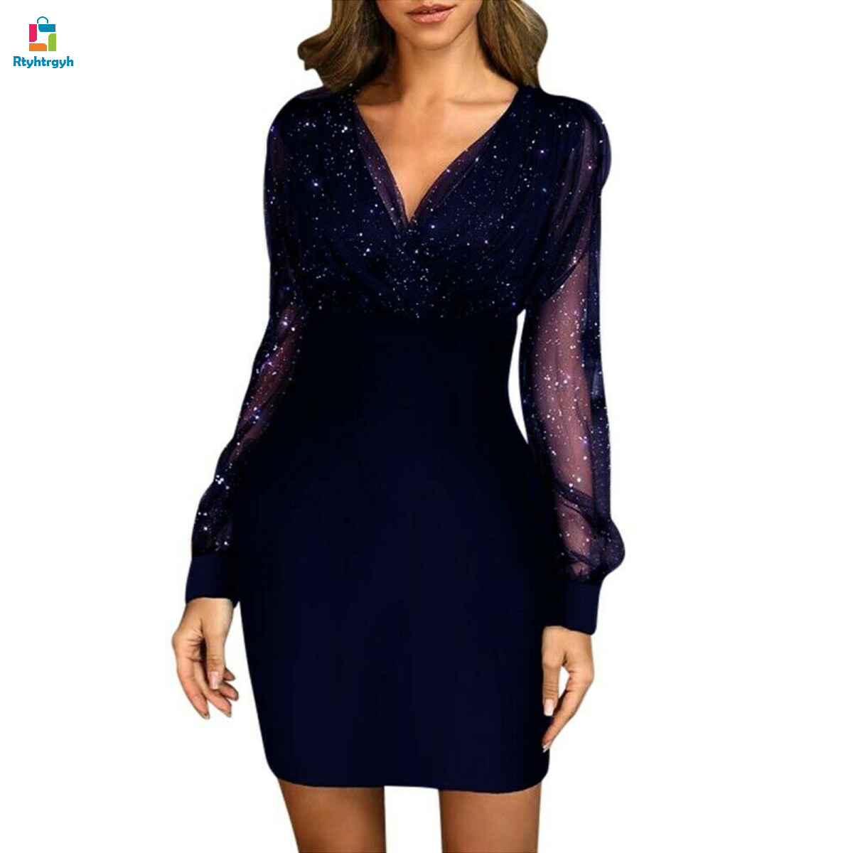 RR Womens Mesh Sequin VNeck Ladies Cocktail Evening Party Mini Dress