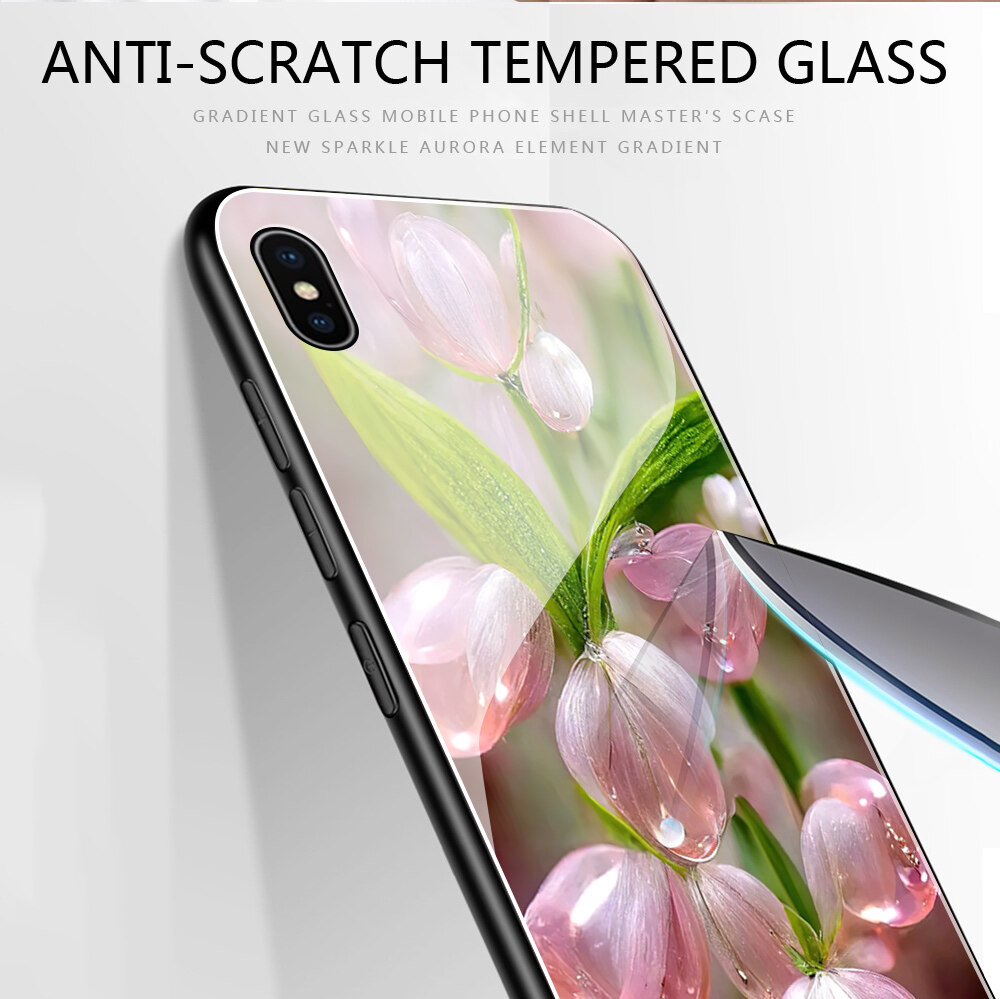 Jizetin Phone Casing For Xiaomi Redmi Note6 Note7 Note8 Note 8 Pro Note 8T Luxury Pink Flowers Crystal High Definition Design Shockproof Glossy Case Tempered Glass Back Cover Casing