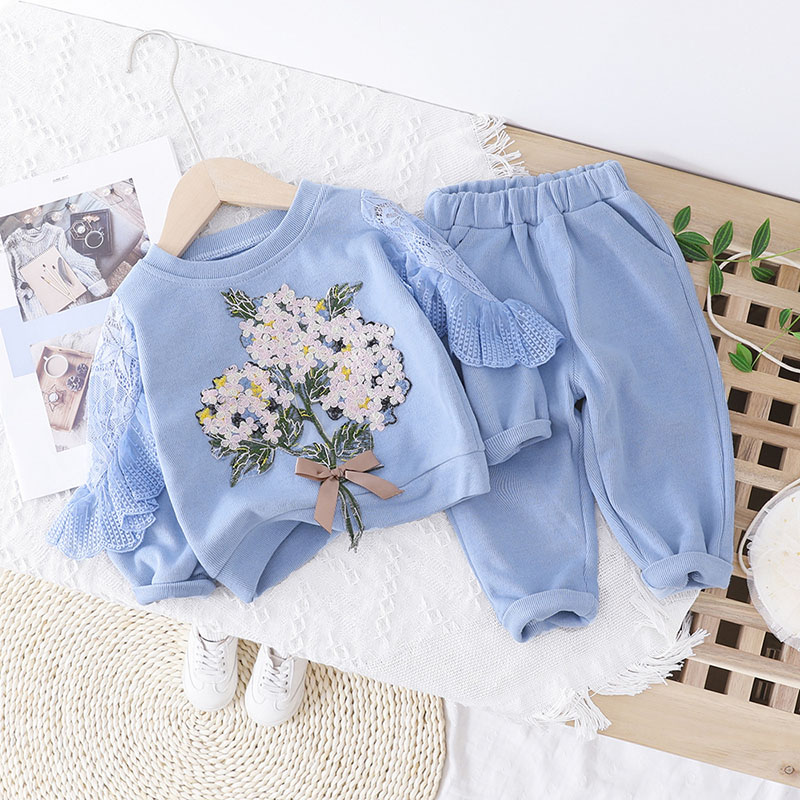 Bear Leader 2Pcs Girls Autumn Long Sleeve Clothing Sets Lace Patchwork Sleeve Floral Embroidery and Solid Pants Girls Casual Clothes Suits 1-5 Years