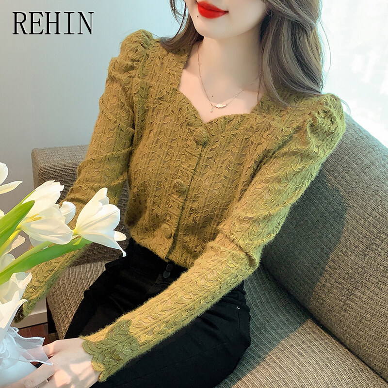 REHIN Spring new Korean version of the All-match square neck long-sleeved lace shirt bottoming inside women blouse