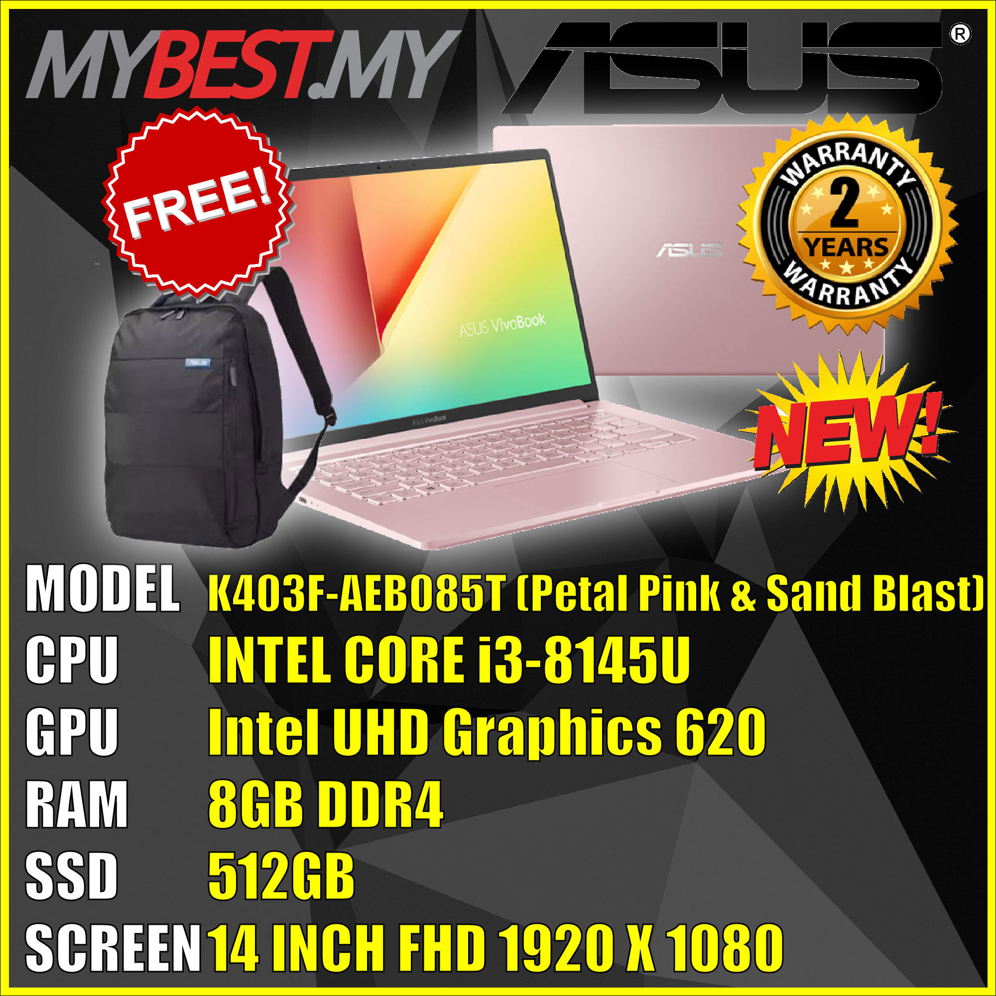 ASUS VIVOBOOK OFFICE HOME USE LAPTOP K403F-AEB084T (Silver Blue & Sand Blast) , K403F-AEB085T (Petal Pink & Sand Blast) Malaysia
