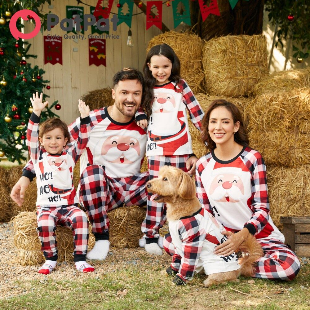 PatPat Christmas Family Matching Santa & Letter Print Red Plaid Raglan-sleeve Pajamas Sets