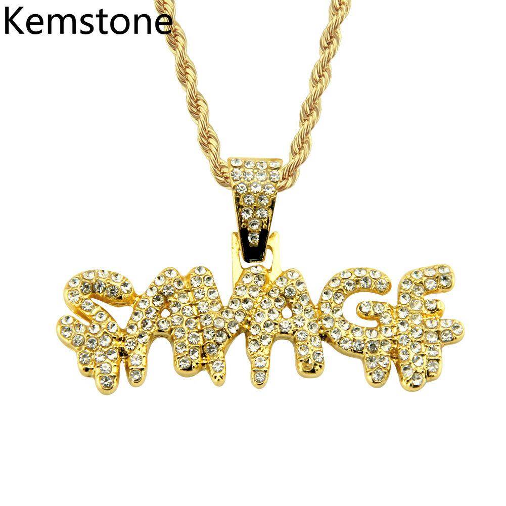Kemstone Fahsion Copper Alloy Letter SAVAGE Inlay Cubic Zirconia Pendant Chain Neckalce for Men Jewelry Gifts