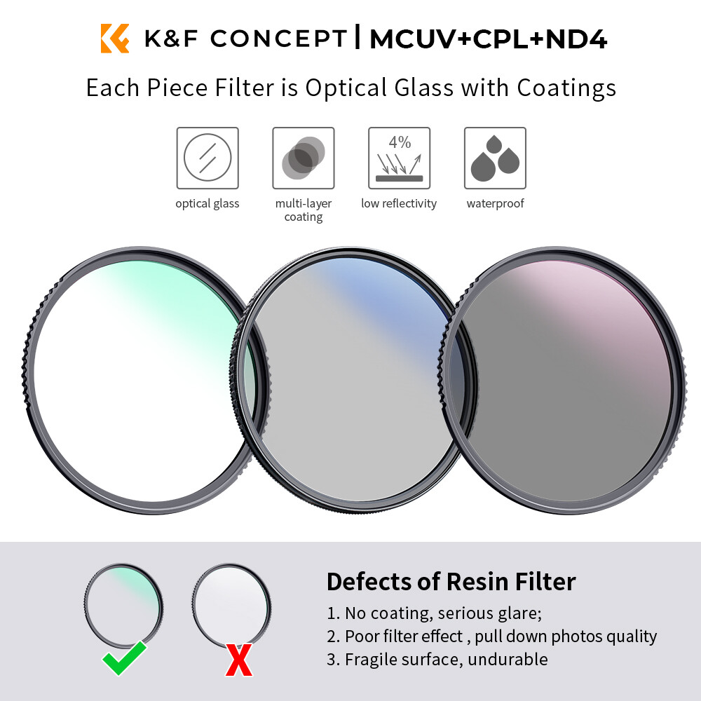 K&F Concept Filter Kit Netural Density ND4 MCUV for CPL filter Camera Lens Bundle With 1pcs Cleaning cloth and Filter Pouch 58mm 62mm 67mm
