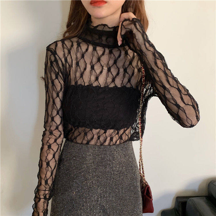MSBEST Long Sleeve Lace Shirt Fashionable Women Sexy High-neck Lace Bottoming Top