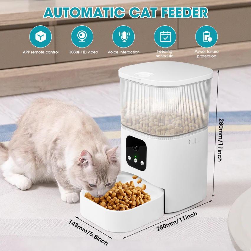 Máy cho mèo ăn tự động với máy ảnh HD, máy cho ăn tự động với ứng dụng điều khiển, cho phép 2.4GHz Wi-Fi, 2 cách âm thanh tương tác, khay thức ăn có thể nhìn thấy, 3.0L