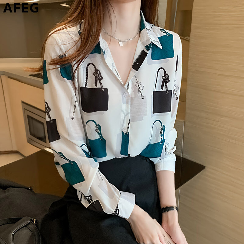 AFEG new Korean style women's long-sleeved lapel printed chiffon casual fashion elegant shirt for women