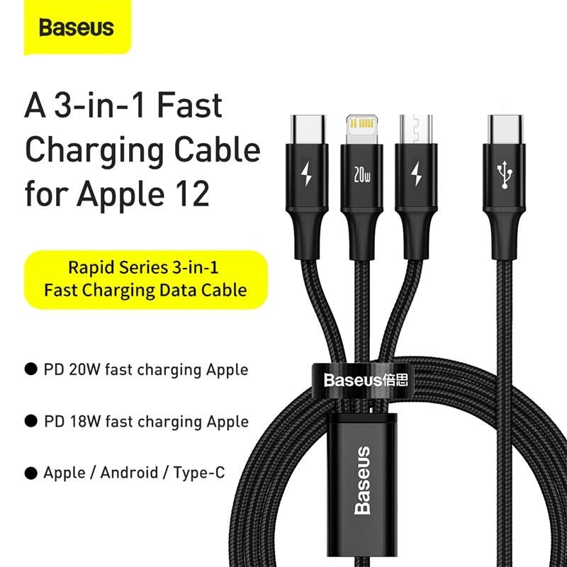 Baseus 1.5Meter Cáp USB Loại C 3 Trong 1 PD 20W, Cáp Sạc Nhanh Cho iPhone 13 Pro Max Dây Dữ Liệu Micro USB Cho Xiaomi Redmi Samsung S21