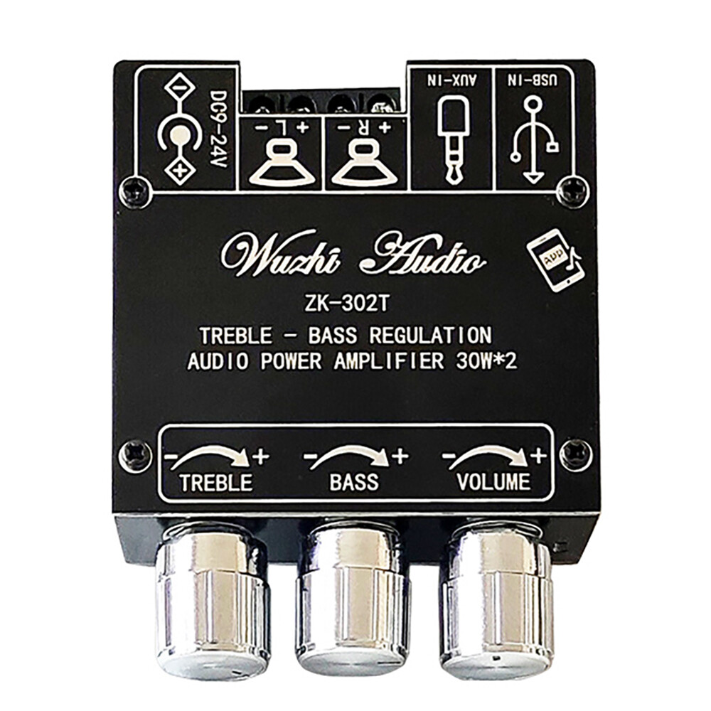 30w*2 zk-302t bluetooth-compatible 5.0 amplifier board 2.0 channel treble bass stereo audio amp aux usb dc 9-24v 3a for speakers