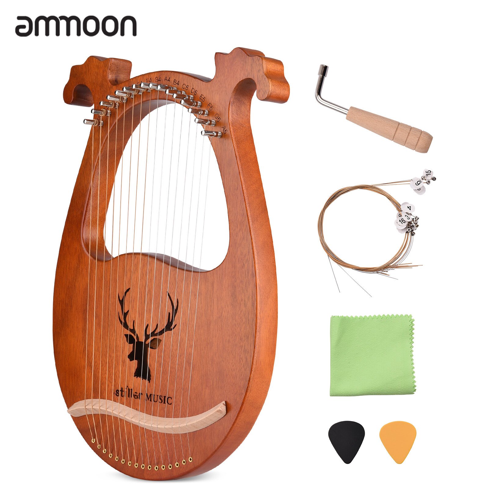 letra función toma una foto ammoon 16 String Lyre Harp Solid Wood String Instrument with Elk Pattern  Tuning Hammer Strings Cleaning Cloth Picks for Beginners | Lazada