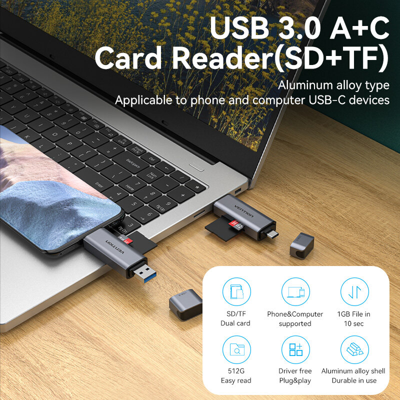 Vention USB 3.0 2 Trong 1 Đầu Đọc Thẻ Nhớ USB A Type C to SD TF Micro SD Bộ Chuyển Đổi cho Laptop OTG Smart Phone Tablet Desktop All in One Memory SD Card Reader