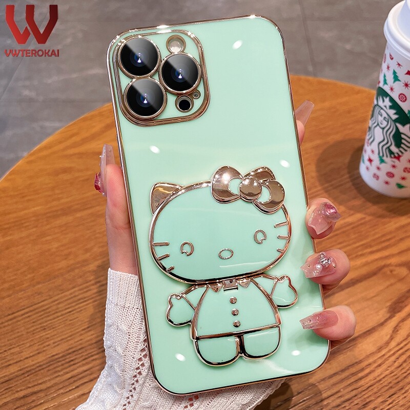 Hello Kitty 3D Cute Doll Makeup Mirror Phone Case For Apple Iphone 6/6S 6 Plus/6S Plus/ 7/8 7Plus/8Plus/X/XS XR XS Max Iphone 11 Pro Max Iphone 12 Mini 12 Pro Max 13 Pro Max 14 Pro Max 14 Plus Plated Soft TPU Bracket Back Cover