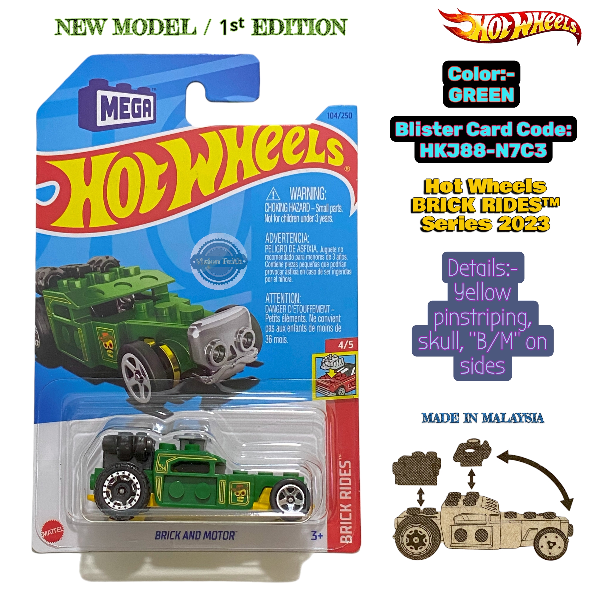 Hot Wheels Brick & Motor 1:64 Die-Cast Car - Green, Long Card (4/5) - View #10
