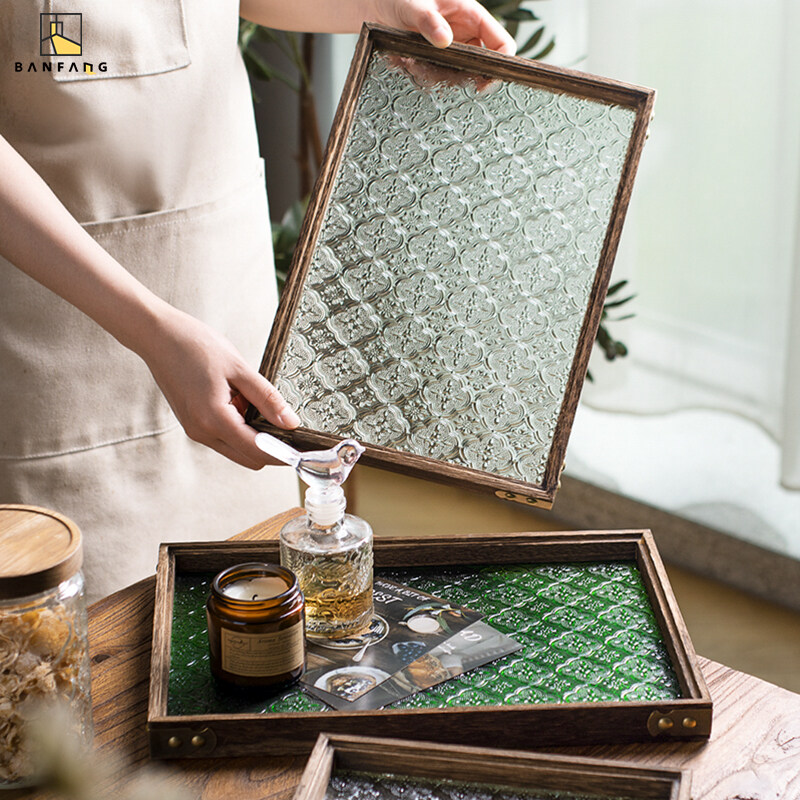 BANFANG Khay Gỗ Thủy Tinh Thu Hải Đường Cổ Điển Khay Trà Hình Chữ Nhật Gia