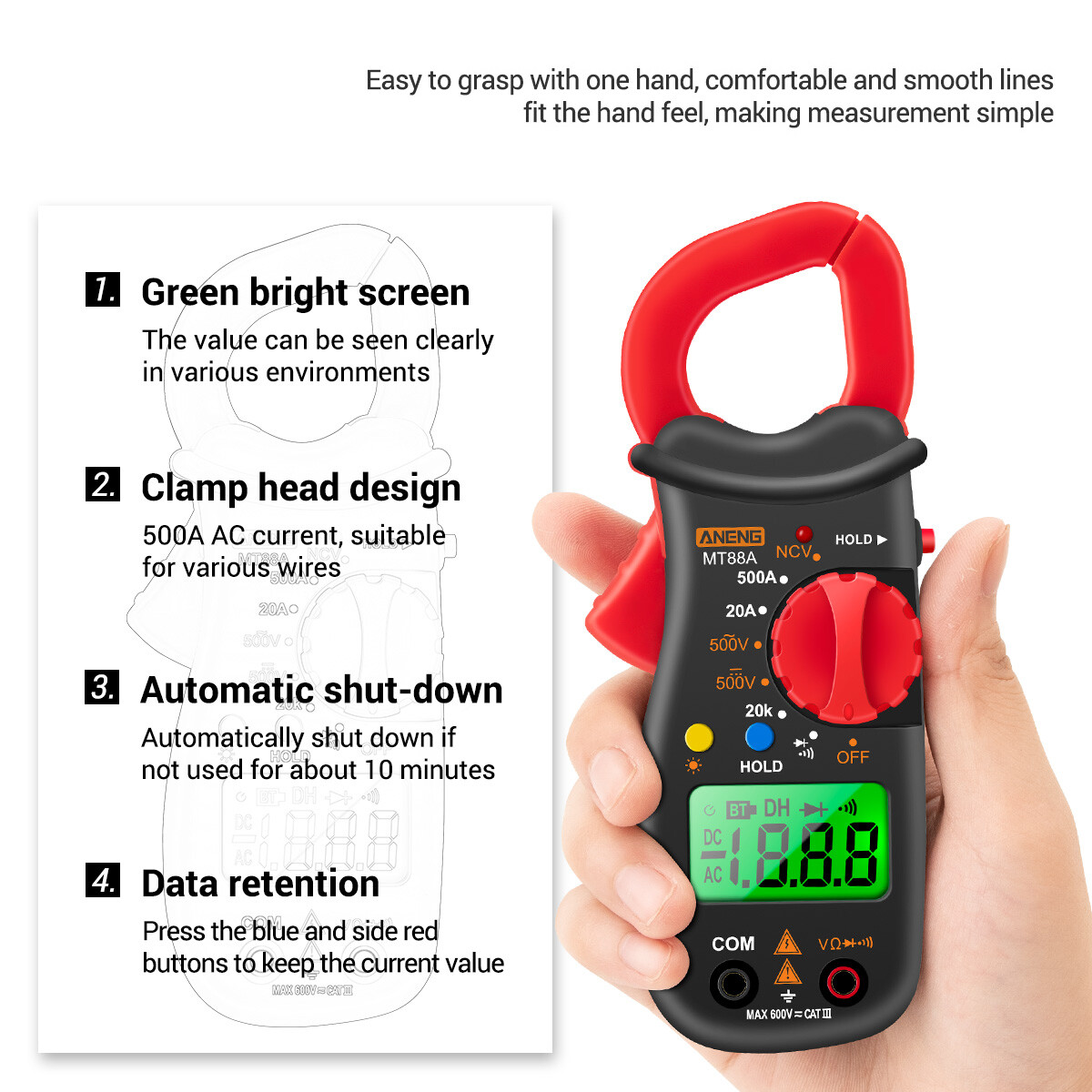 Smart Sensor MT88A Clamp Meter Multimeter LCD Digital Universal Meter 1999 Counts Auto Range Handheld DC/AC Voltage Voltmeter 500A AC Current Ammeter Frequency Capacitance Tester NCV Test Data Hold Green Backlit Screen