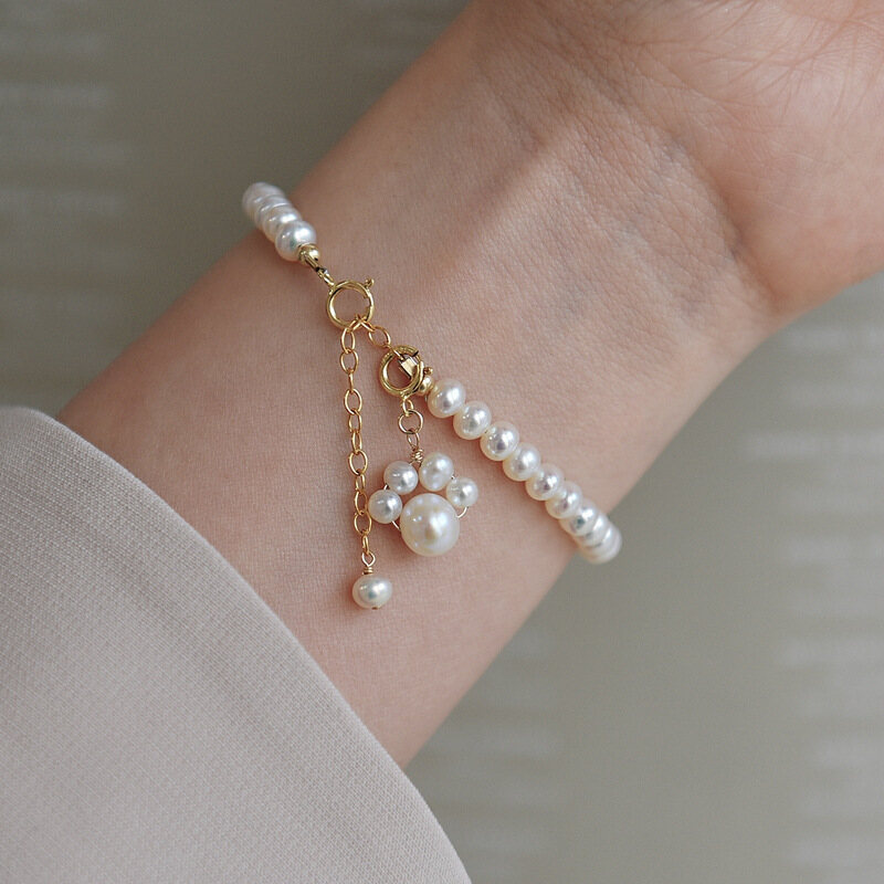 T-B Simple Cat Claw Pearl Plating 14K Real Gold Bracelet Women Simple All-match Beaded Bracelet