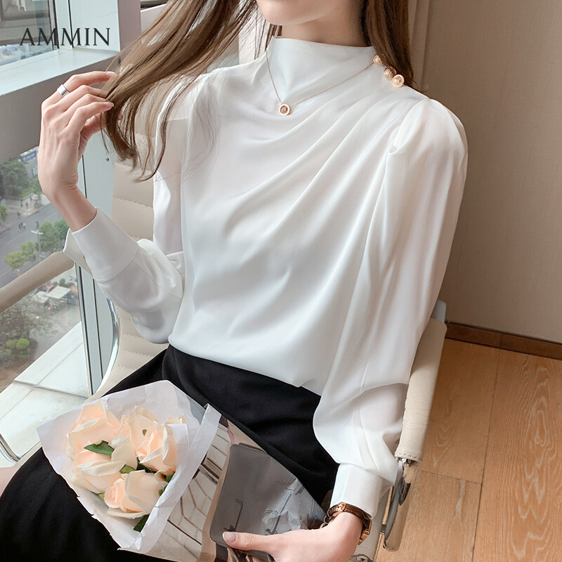AMMIN Tops 2021 autumn new silk satin shirt women Korean style puff sleeve round neck pleated elegant blouse with bead embellishment