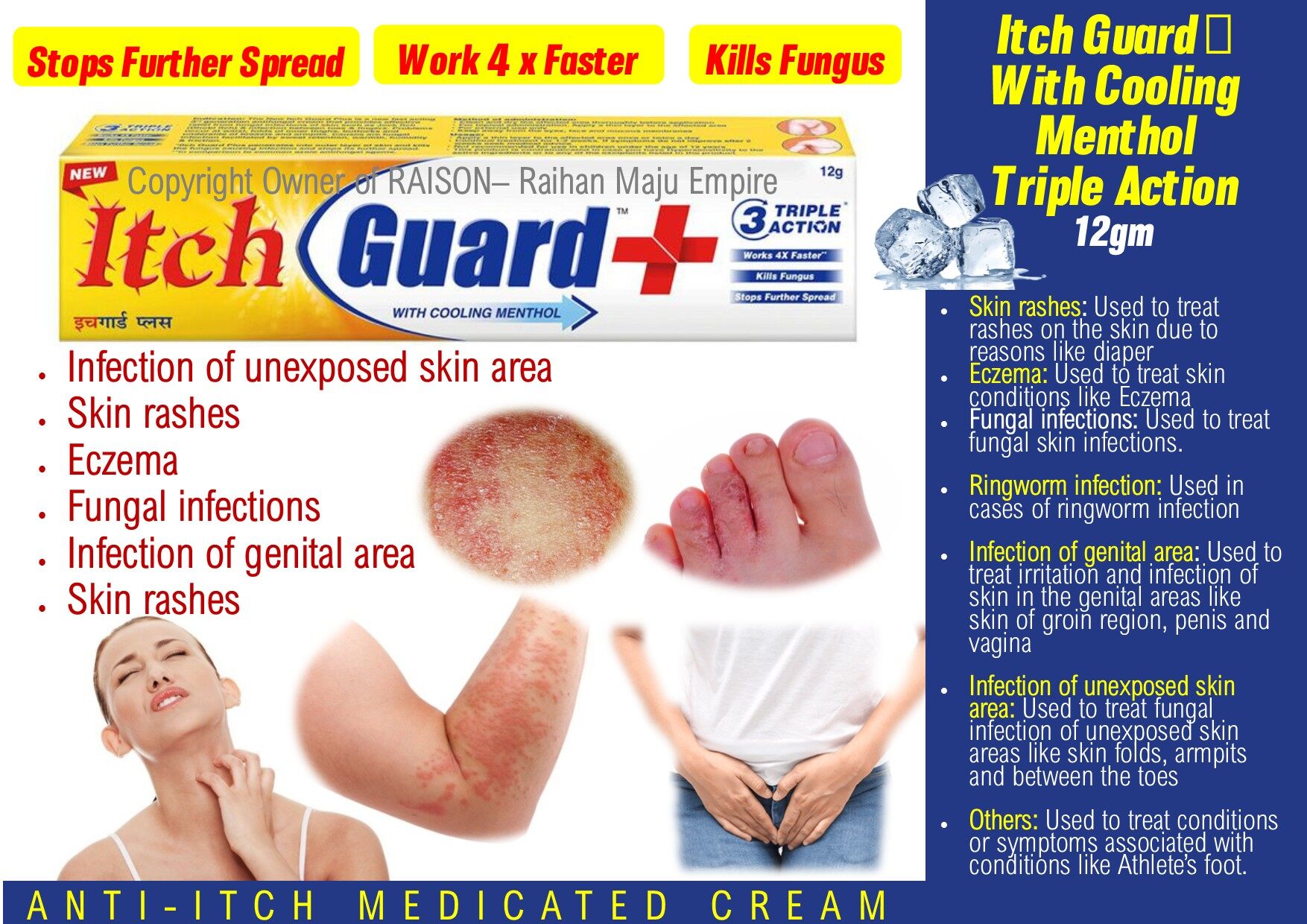 Itch Guard Cream With Cooling Menthol Triple Action 20gm Work 4 x Faster Skin Fungal Infection