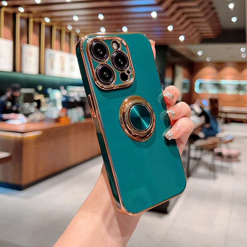CrashStar Glossy Plating Soft Shockproof Phone Case With Metal Ring Holder Stand For iPhone 15 14 13 12 11 Pro Max Mini XR XS X 8 7 Plus + SE 2020 Straight Edge Phone Cover Casing With Full Cover Carema Protection Shell Hot Sale