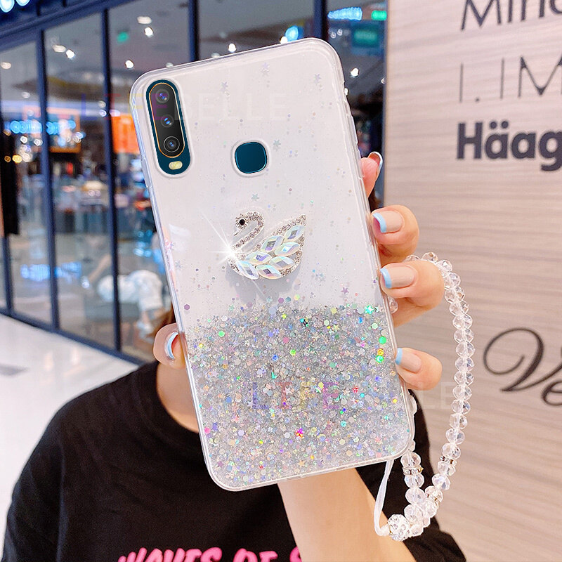 Ốp LIFEBELLE Cho Vivo Y11 Y12i Y12 Y15 Y17 U10 Y15 2020 Ốp Y19 + Dây Đeo Cổ Tay, Ốp Điện Thoại Trong Suốt Lấp Lánh Hình Thiên Nga Đính Kim Cương Giả Sang Trọng 3D Ốp Lưng Nữ Bằng Silicon TPU Mềm Ốp Bảo Vệ Chống Sốc Màu Đen