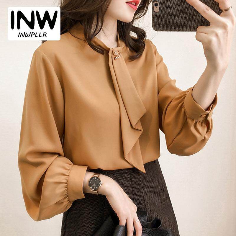 INWPLLR Long-sleeve Tops Chiffon Blouse Women Tops Korean Style Plain Women Blouses Plus Size Office Top Autumn Women's Fashion Shirt