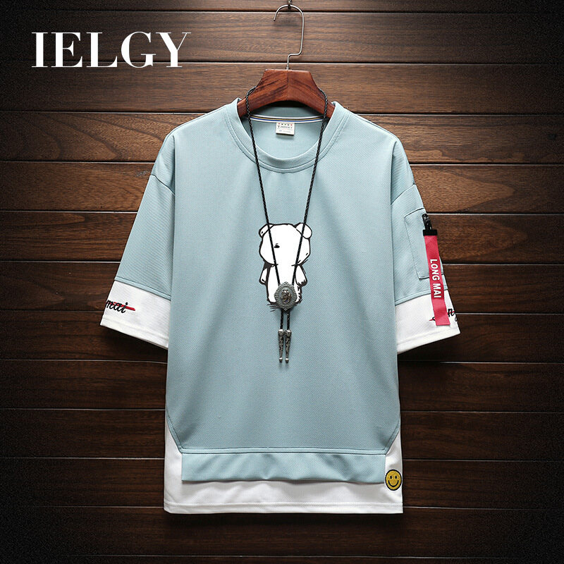 IELGY Men's white bear t-shirt short sleeve round neck casual men's trend hip-hop compassionate summer new loose top F