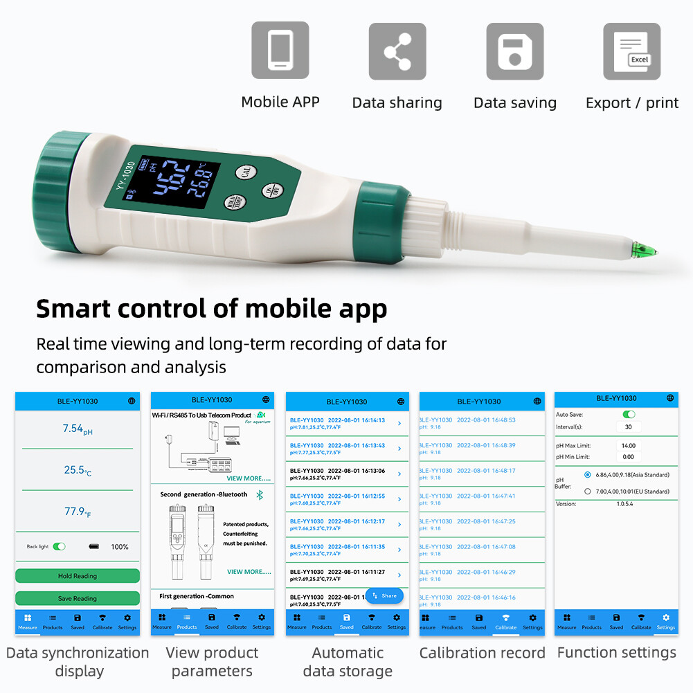 Rcyago smart bluetooth ph meter water ph meter for food, high precision atc with backlight, ph analyzer for dough, meat, fruit, water, soil, cosmetics