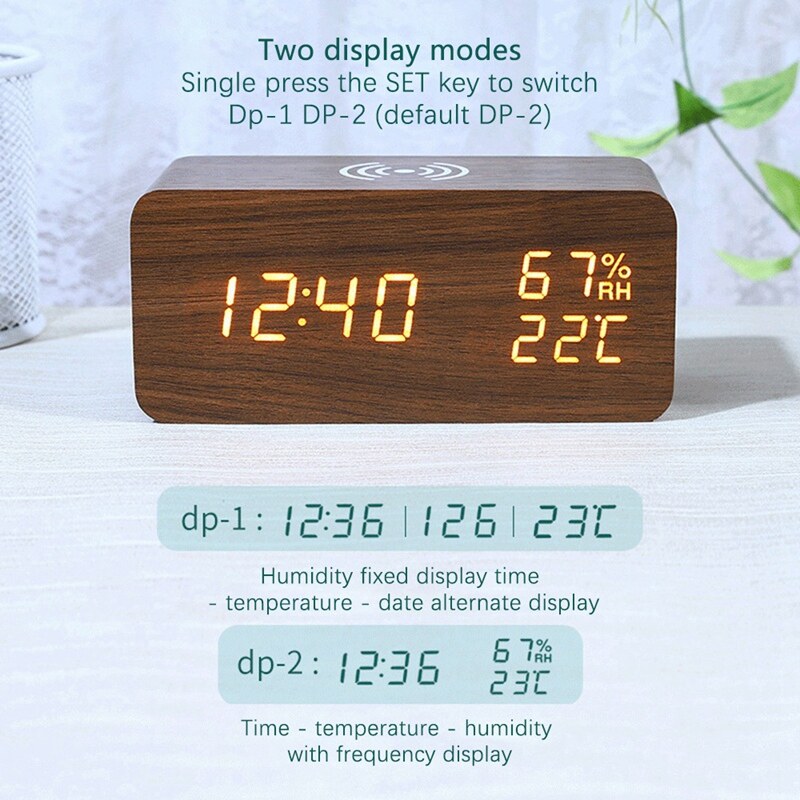 Digital Alarm Clock, Temperature and Humidity Alarm Clock LED Electronic Clock Smartphone Wireless Charger