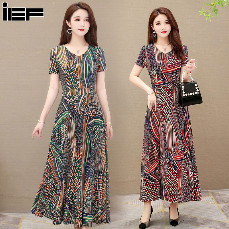 IEF Lady's Banh Beo Dress Big size long skirt middle-age long skirt flared skirt character women's big size dress 65kg2023