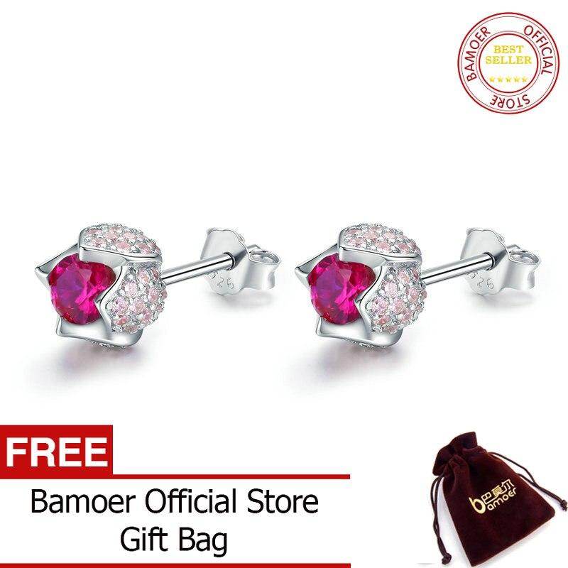 BAMOER Romantic 925 Sterling Silver Luminous Tulip Flower Buds Pink CZ Zircon Stud Earrings Women Wedding Jewelry Gift BSE042 Mar