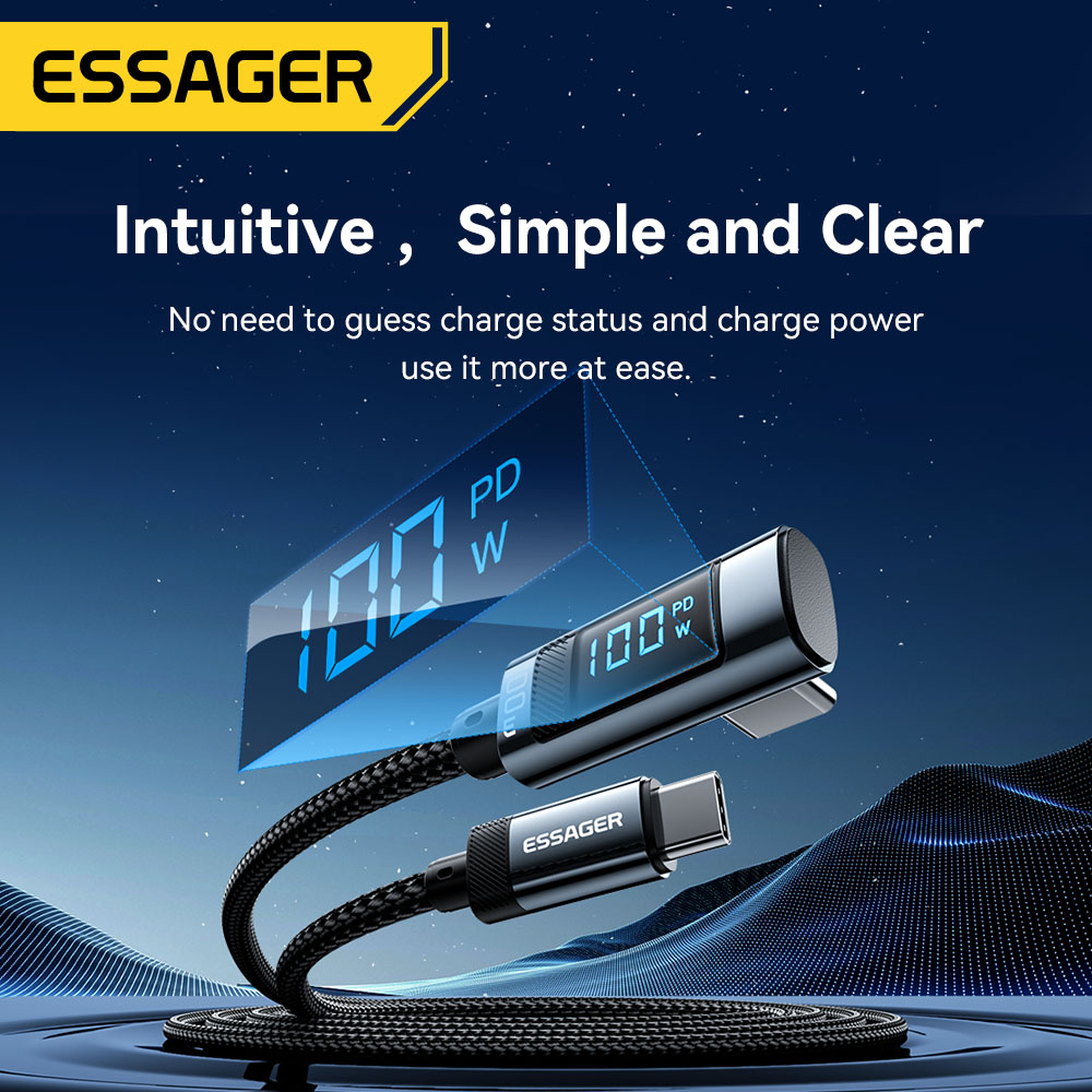 Essager Pd 100W Loại C Để Loại C Cáp Khuỷu Tay Màn hình hiển thị kỹ thuật số USB2.0 USBC Nhanh Chóng Sạc Điện Thoại Di Động Dữ Liệu Dây Cho Máy Tính Xách Tay Xiaomi cá mập đen điện thoại di động