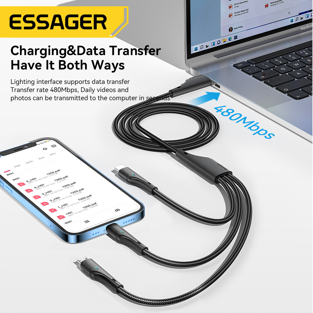 Essager 3A 3 In 1 Braided Nylon Cable Fast Charging Cable Micro USB Type C Lightning Cable Multi port USB Charging Cables