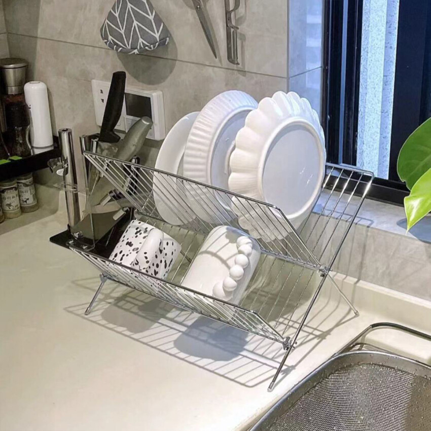 Large Dish Drying Rack M ulti-functional Foldable Cup Drainer 2-Tier Strainer Holder Tray Stainless Steel Kitchen Accessories