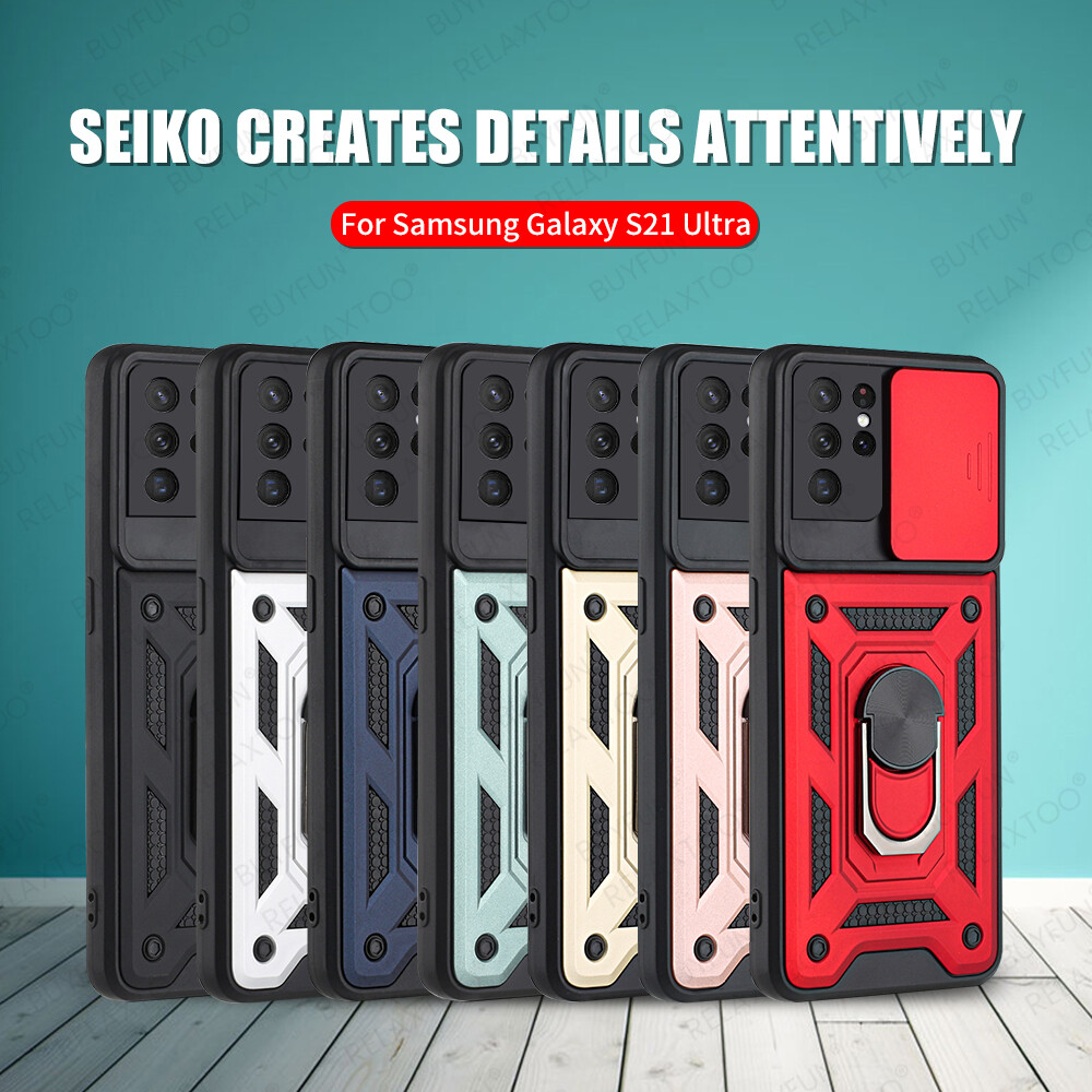 For Samsung Galaxy S21 Ultra Ring Stand Push Pull Camera Protect Case For Samsung Galaxy S20 S21Plus Ultra S20 FE S21 FE Car Magnetic Stand Ring Armor Shockproof Coque For Samsung Galaxy Note 20 Ultra