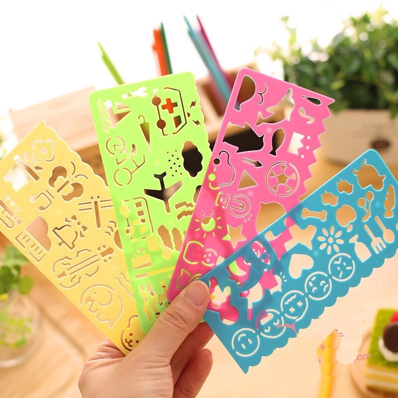 4 Pcs Cartoon Drawing Ruler Candy Color Plastic Children Art Ruler Painting Template Ruler Korean Stationery