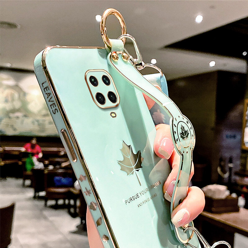 Ybd dây đeo cổ tay chủ vỏ điện thoại cho Xiaomi Redmi Note 9S 10 Lite Note 9 Pro Max mạ vỏ Lưu ý 9 Pro chính xác máy ảnh bảo vệ trường hợp Maple hoa văn hình lá bìa với dây đeo miễn phí